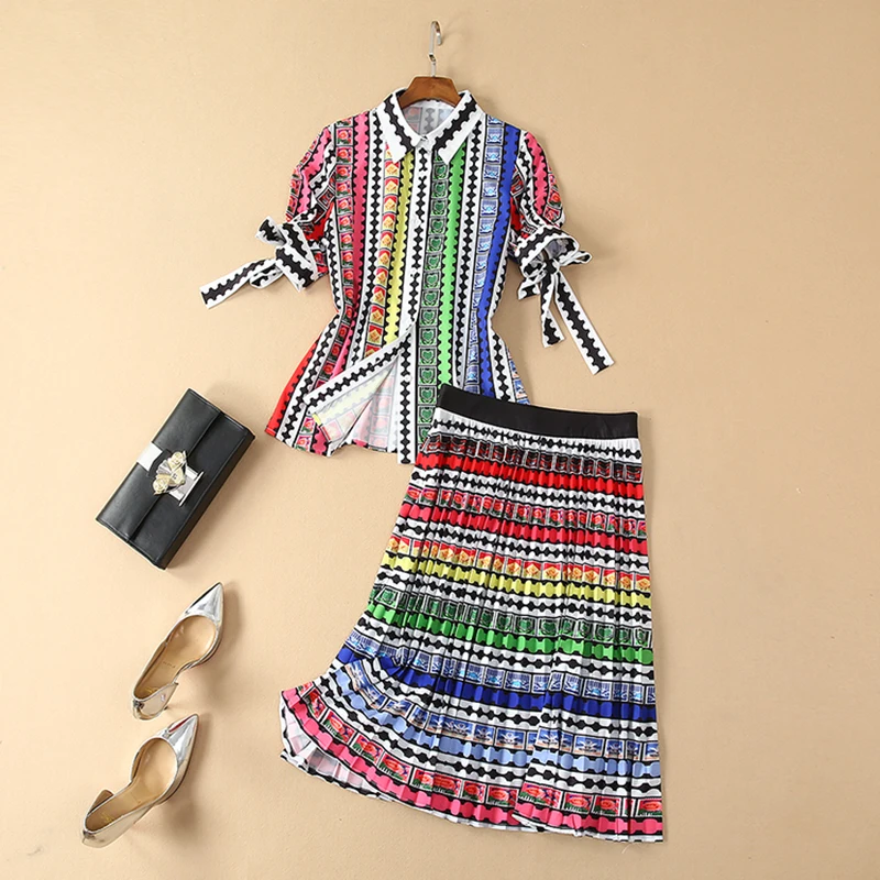 

HIGH-QUALITY New Fashion Runway 2019 Suit Set Women's Short Sleeve Novelty Printed Blouse Shirt Pleated Skirt Set