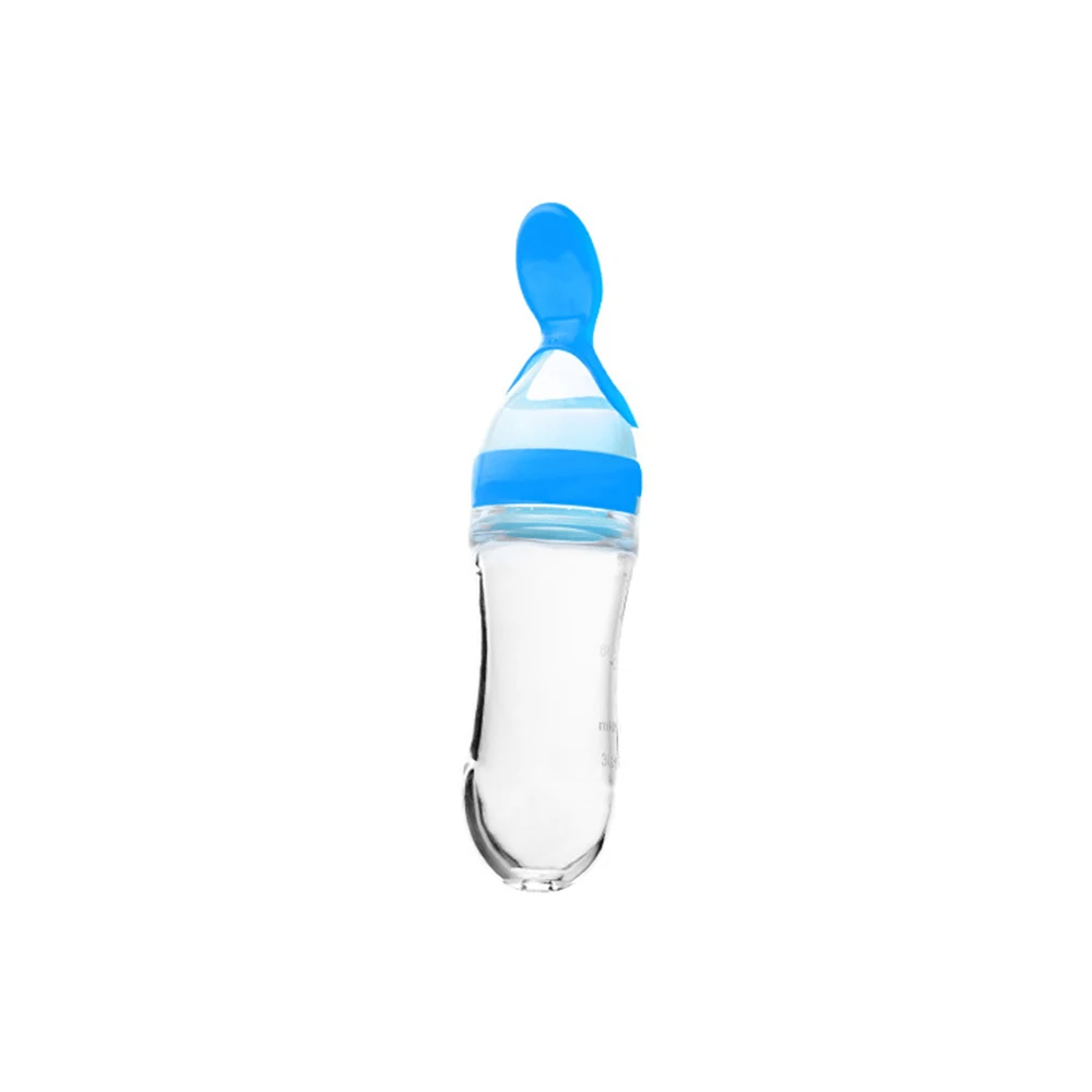 Полезная безопасная силиконовая детская бутылка с ложкой пищевая добавка рисовые бутылки с зерном выдавливающая ложка бутылочка для кормления молока чашка - Цвет: Синий