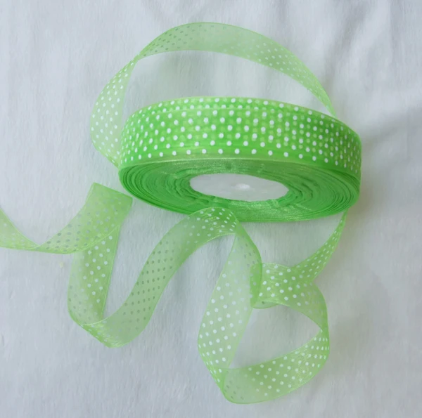 

Free Shipping 10Yards/Lot 1inch white point apple green bottom Organza ribbon