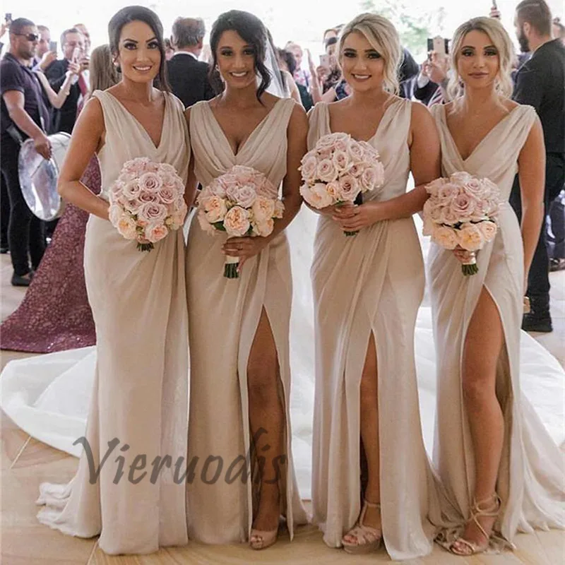 12-1         Chiffon Bridesmaid Dresses Long 2019 V-Neck Side Slit Robe Demoiselle D'honneur Wedding Party Dress Vestidos De Fiesta De Noche