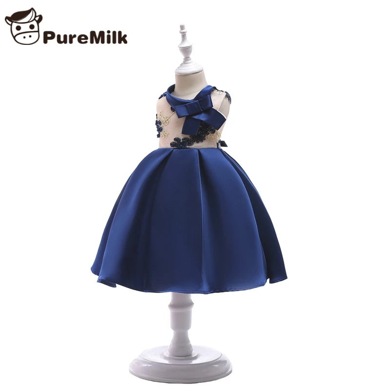 PureMilk/платья без рукавов для девочек кружевное платье с бантом синего цвета для девочек, летнее праздничное платье