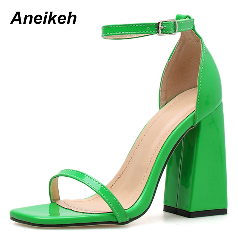 Aneikeh/; летние классические женские босоножки из искусственной кожи; пикантные туфли с квадратным носком на высоком квадратном каблуке; туфли с пряжкой на ремешке; цвет черный, оранжевый, желтый, зеленый