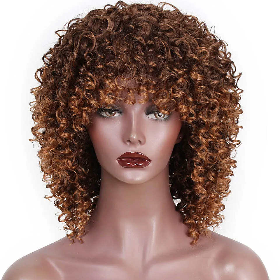 14 дюймов короткий афро парик коричневый синтетический кудрявый вьющиеся парики для женщин 10 цветов Омбре пушистый Афро-американский натуральный черный волос - Цвет: with bangs-T4-30