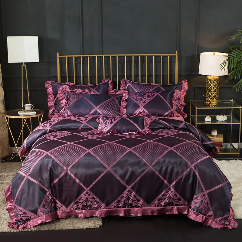 

New 4pcs Luxury Silk Cotton Jacquard Occident Fashion Bedding Set Ruffles Duvet Cover Set Bed Sheet Pillowcases Queen King size