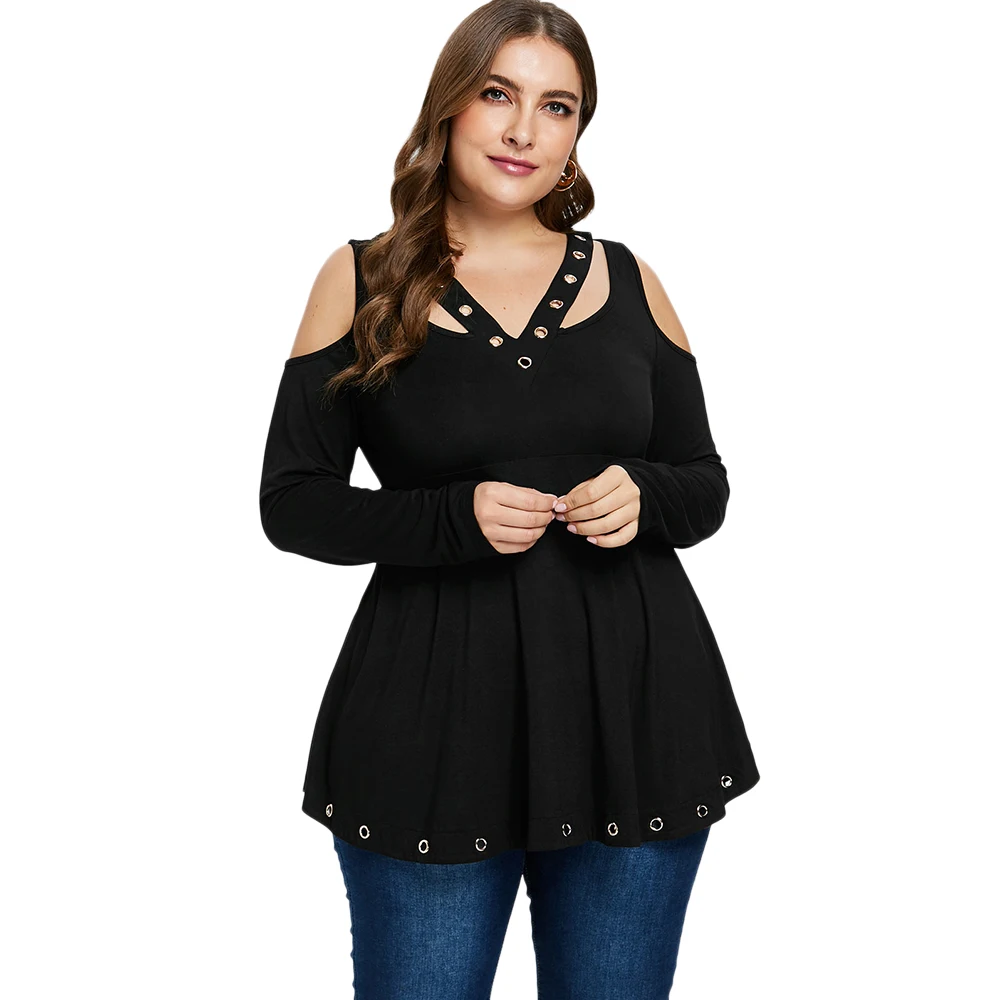 Women Plus Size Grommet Blouse Cold Shoulder V Neck Full Sleeve Long ...