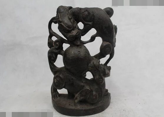 

free 11"Chinese Folk Pure Bronze excellent Lucky Two animal Play Statue fast