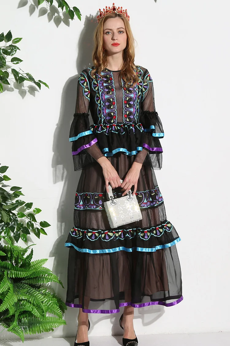 Высокое качество Vestidos длиной до щиколотки Лето женское открытое роскошное модное платье с расклешенными рукавами Черное вышитое этническое длинное платье