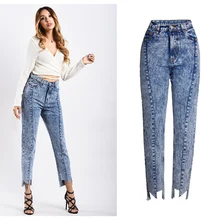 Высокая талия женские прямые джинсы модные, по щиколотку женские джинсы с асимметричным подолом женские джинсовые женские брюки