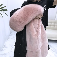 Новинка, съемная подкладка из кроличьего меха Рекс, меховой воротник лисы, шуба, женское длинное пальто