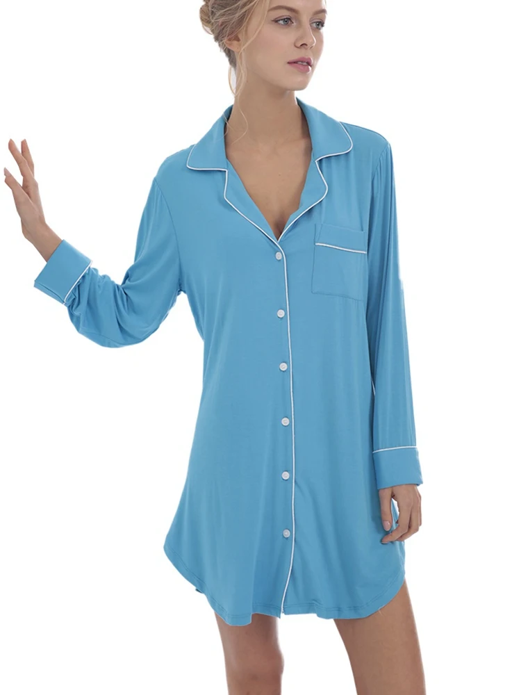 

Summer Sexy Women Pijamas Shirt Night Dress 2019 Fashion Solid Blue Turn Down Collar Mini Nightgown Female Loungwear Sleepwear
