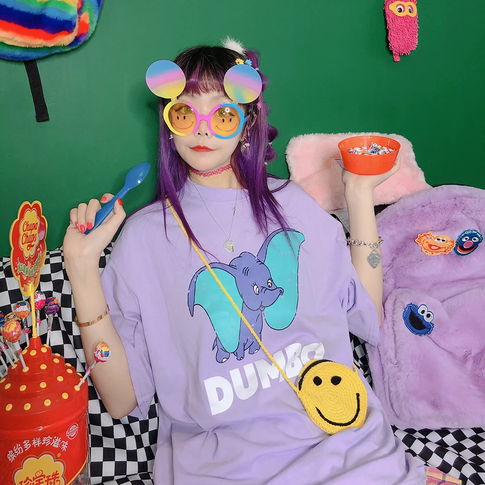 

Harajuku Lovely Antique Cartoon Round-collar Lazy Printed Loose T-shirt tee women