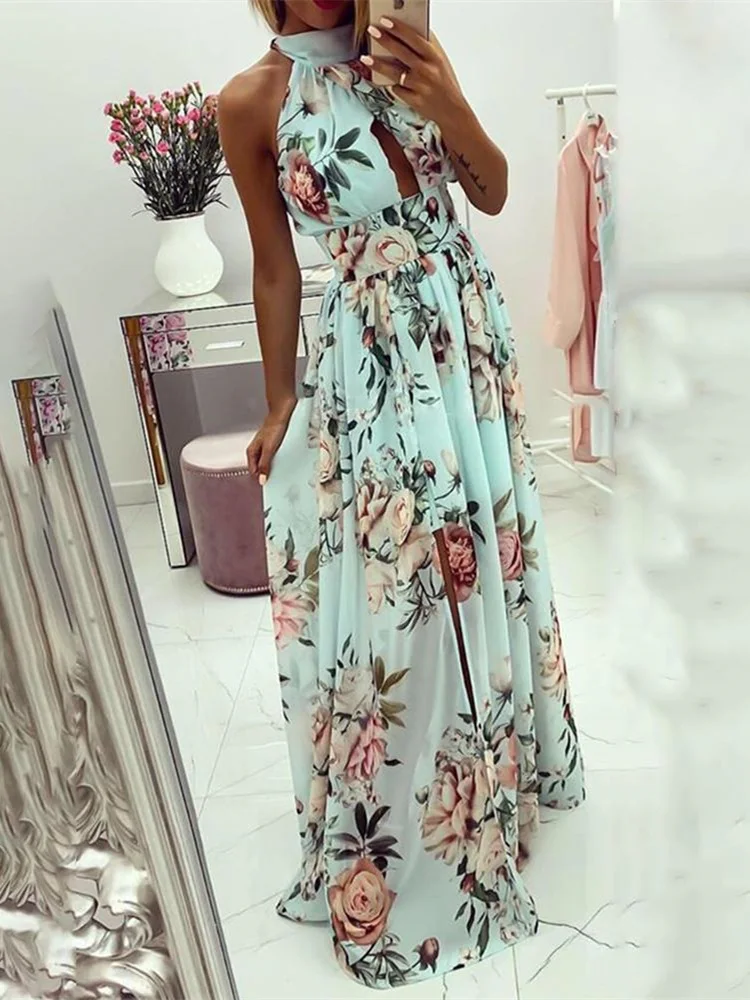 

2019 Summer Vacation Elegant Leisure Holiday Dress Female Sleeveless Halter Floral Print Knotted Cutout Back Slit Maxi Dress