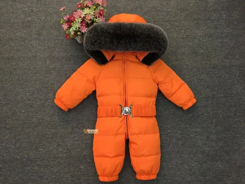 Коллекция года, комбинезон на 90% белом утином пуху для новорожденных, брендовая теплая зимняя одежда для малышей Толстовка с капюшоном для мальчиков, комбинезон с натуральным мехом, парка зимняя одежда - Цвет: orange