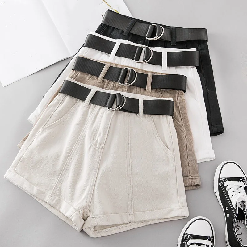 

White Cuffs Denim Harajuku Women's Shorts Wide Leg Belt High Waist A-line 2019 Summer Solid Casual Loose Ladies Shorts Female