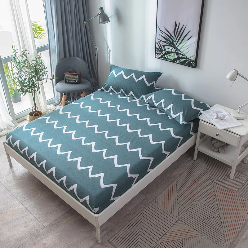 

Bed Sheet With Pillowcase Wavy Stripe Pattern 3PCS Cotton Bed Linen Queen Size Mattress Covers Fitted Sheet Sets With Elastic