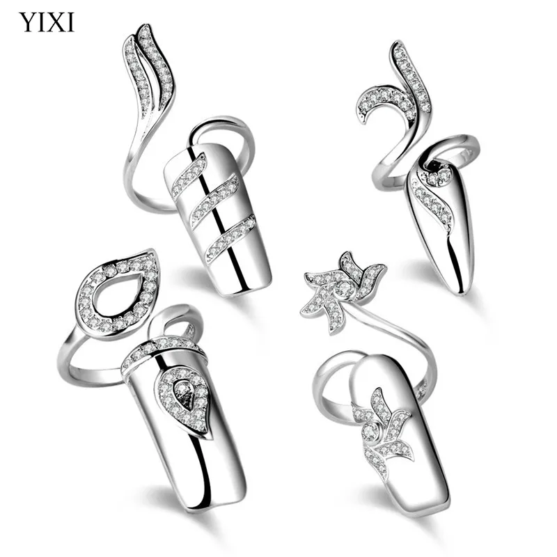 

YIXI New 1 Piece Fashion 925 Sterling Silver Nail Ring Cubic Zirconia Finger Nail Ring Sparkling Crystal Women Rings Jewelry