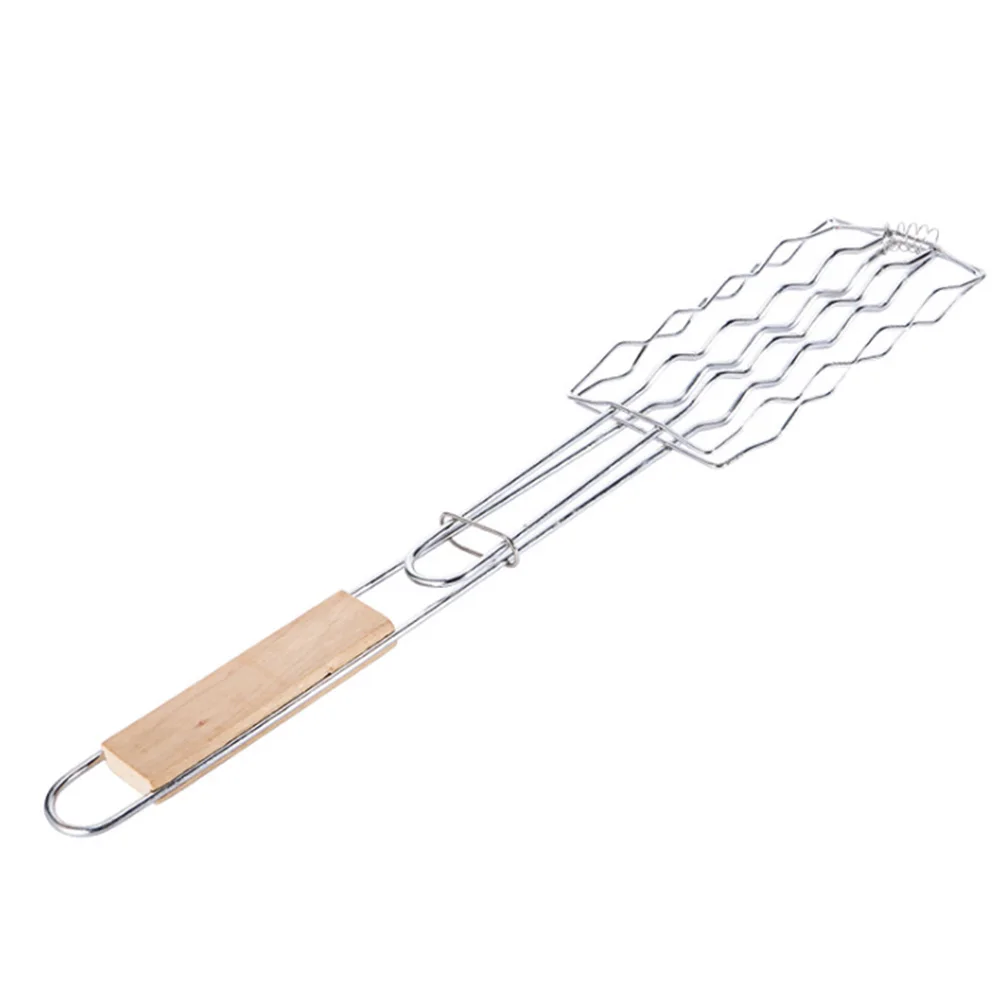 

Food Outdoor Portable Wooden Handle Party Kitchen Home Steel Grilled Barbecue Clip BBQ Serving Multifunction Sausage Holder