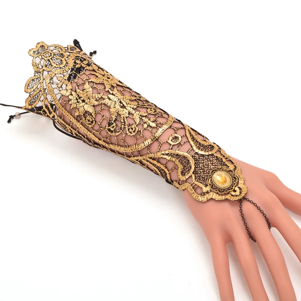 

Golden Lace Gloves Vintage Gothic Queen Cosplay Accessory Medieval Victorian Armband Bracer