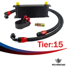 PQY- Universal 15 ROWS OIL COOLER ENGINE +AN10 Oil Filter Cooler Sandwich Plate Adapter Black+2PCS NYLON BRAIDED HOSE LINE BLACK