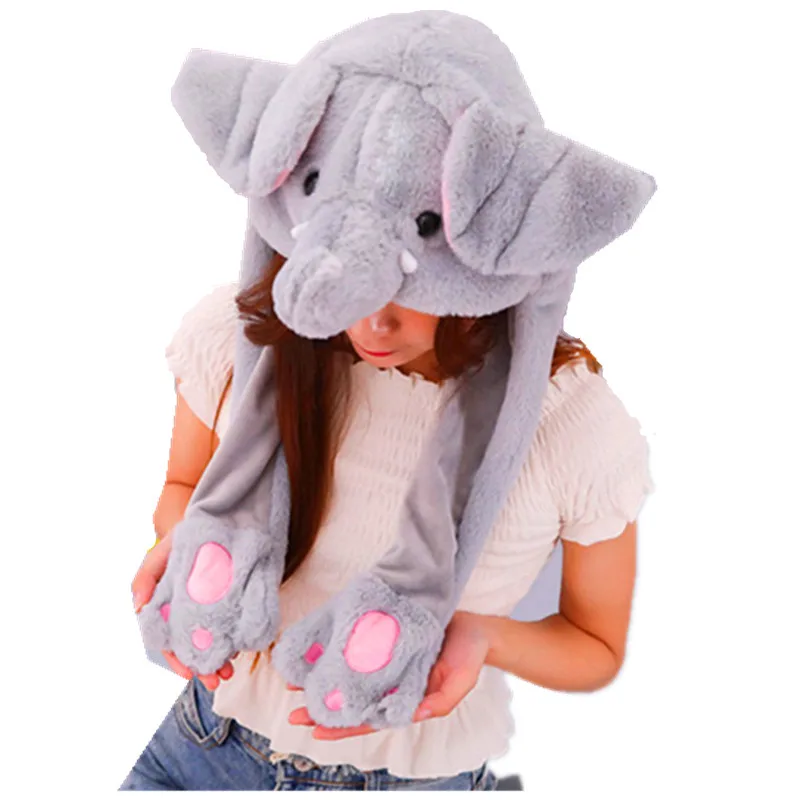 

Elephant With Ears Moving white Cartoon Animal Plush Dynamic Hat Children's Winter Warm Cap Combined Scarf and Glove