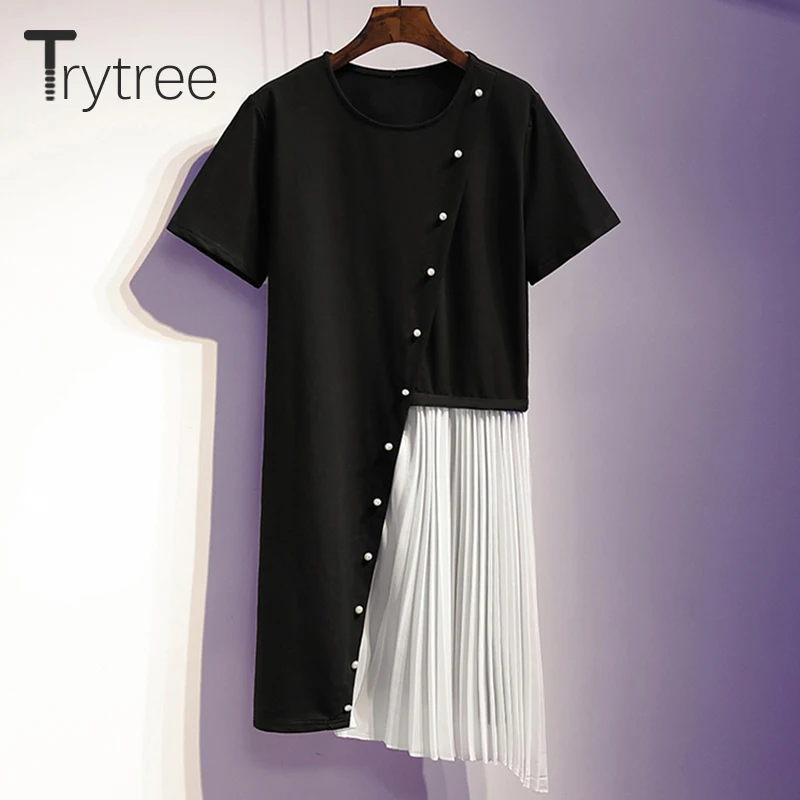 

Trytree Summer Women Casual Dress O-Neck Pearl Black Patchwork White Pleated Hem T-Shirt Dresses Knee-Length Fashion Loose Dress