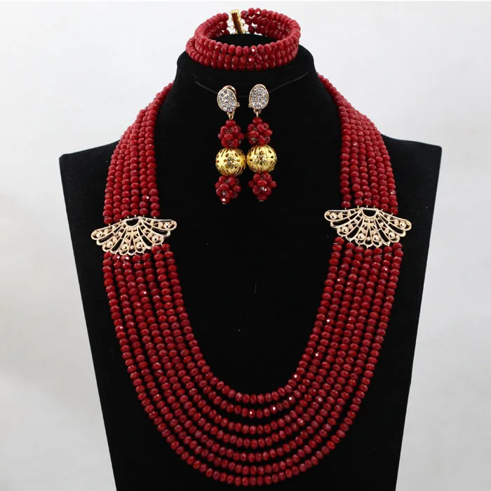 

Wine Red/Gold Nigerian Wedding Bridal Jewelry Set 2017 Chunky African Beads Jewelry Set Brides Gift Free Shipping hx448