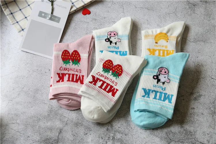 Японские кавайные короткие носки с клубникой, бананом, молоком, коровой, милые Короткие Носки с рисунком в стиле Лолиты для девочек