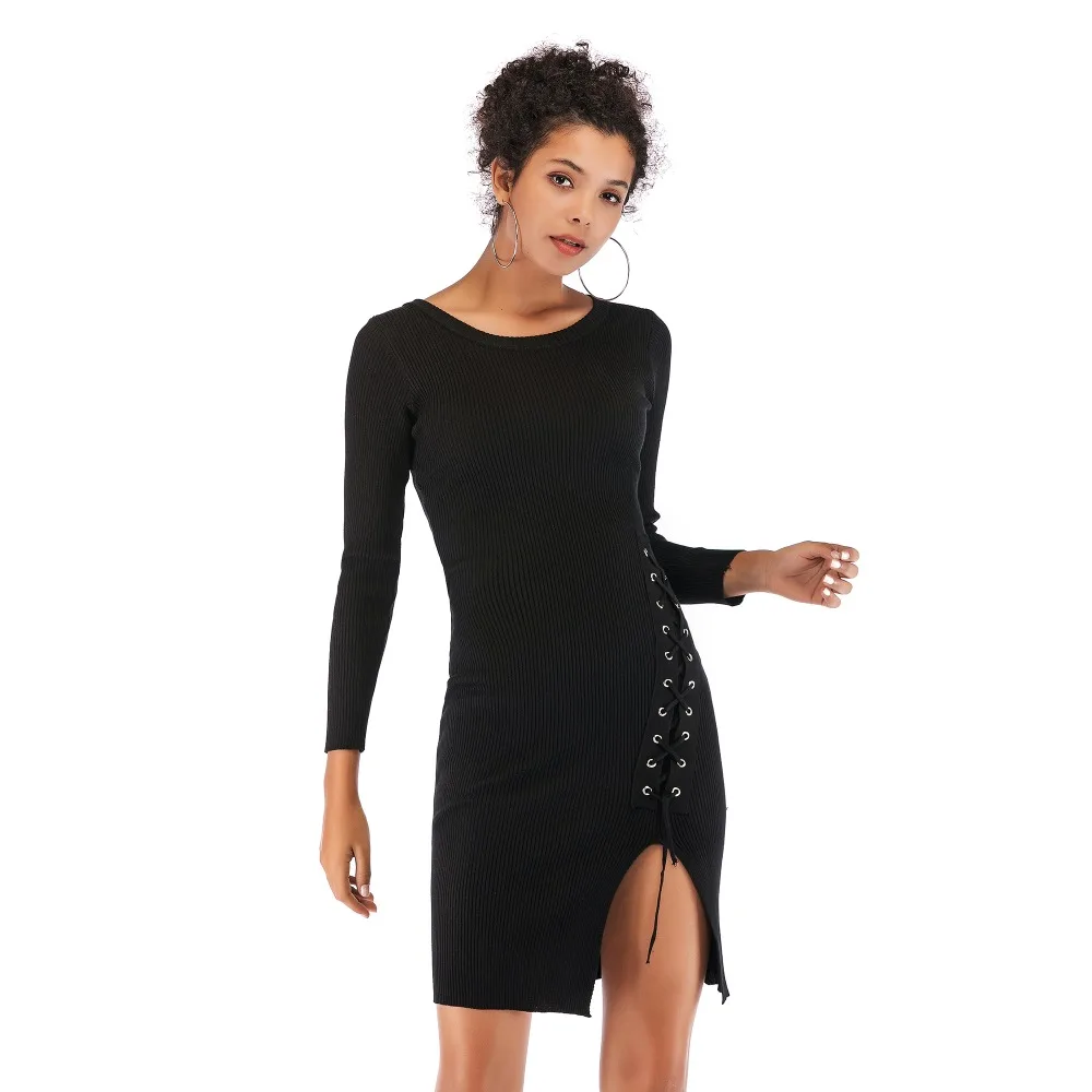 Women Midi Sweater Dress Spring and Autumn 2019 New Round Neck Long Sleeve Pencil Dress Knitted Women Split Sexy Black Dress