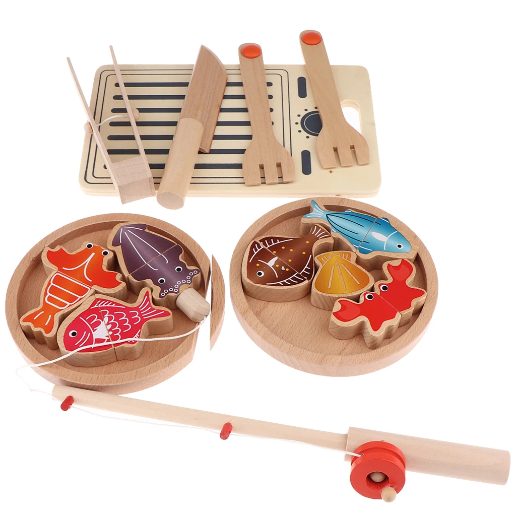 Pretend Kitchen Cooking Set Wooden Fishing Game - Multifunction Double Pole Magnetic Fishing Cutlery Set - Play House Puzzle Toy