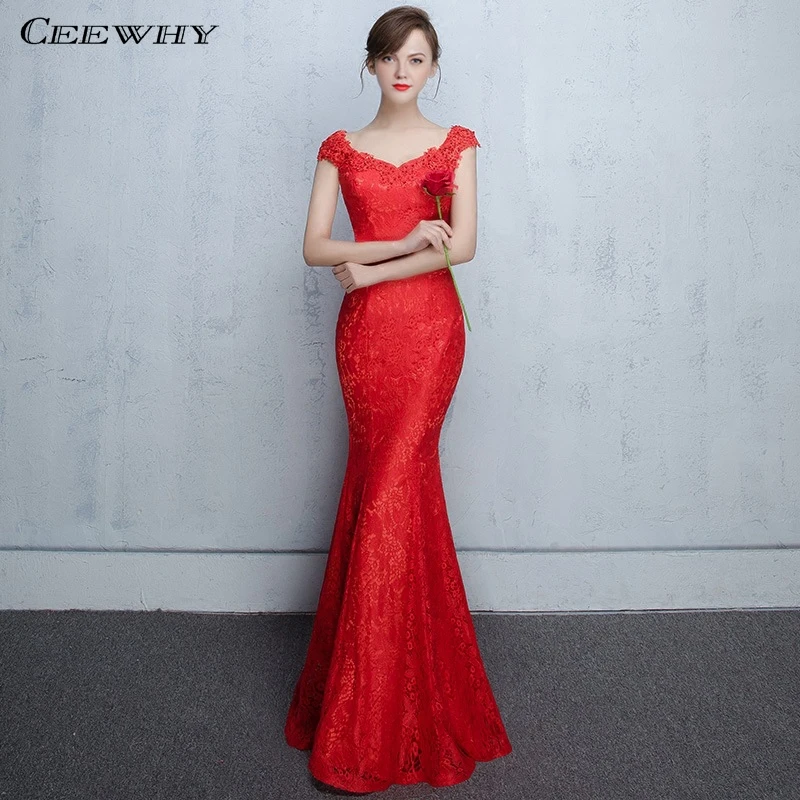 

CEEWHY Red Mermaid Evening Dresses Long Formal Evening Gowns Dresses Beading Prom Dresses Banquet Party Gowns Vestido de Festa