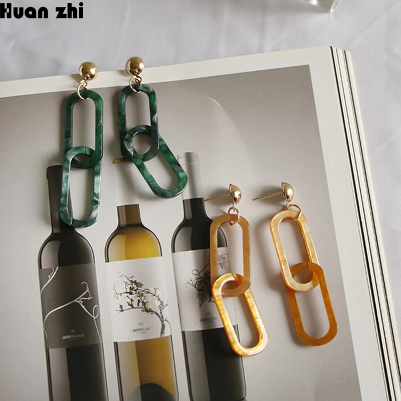 HUANZHI 2019 New Simple Acrylic Acetate Geometric Double Irregular Square Link Chain Interlocking Long Drop Earrings for Women | Украшения