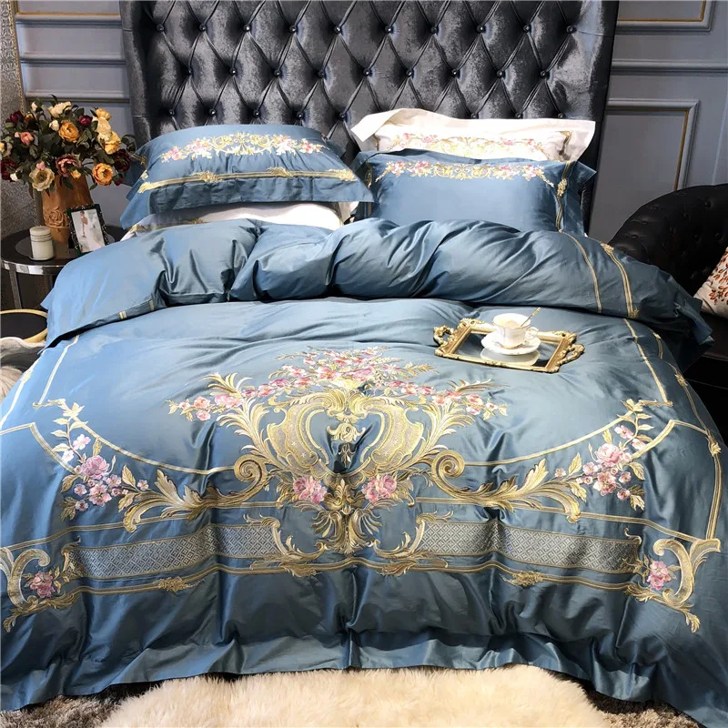 Discount Champagne Blue White Luxury Royal Embroidery 100S Egyptian Cotton Palace Bedding Set Duvet Cover Bed sheet/Linen Pillowcases 44
