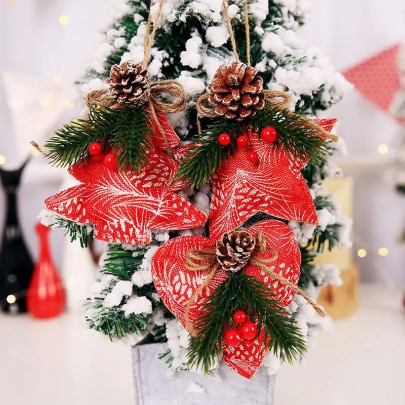 

Christmas Tree Cloth Pendant with Pinecon Xmas Star Love Heart Tree Pattern Hanging Decor Christmas Home Bar Decoration 3 Pcs H1