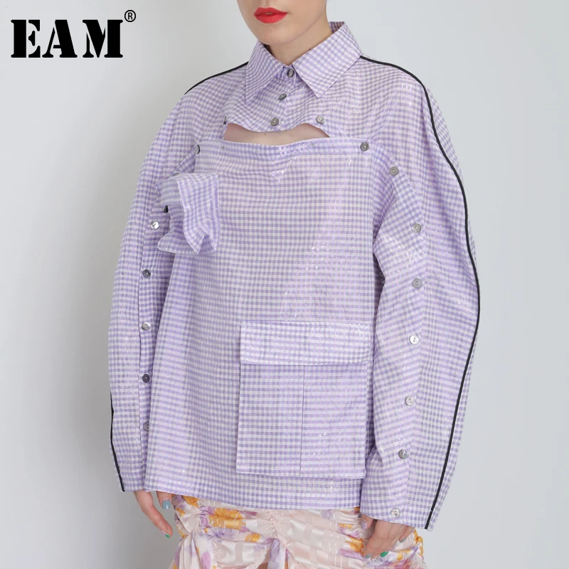 

[EAM] 2019 New Autumn Winter Lapel Neck Long Sleeve Pockets Button Big Size Hollow Out Shirt Women Blouse Fashion Tide JY077