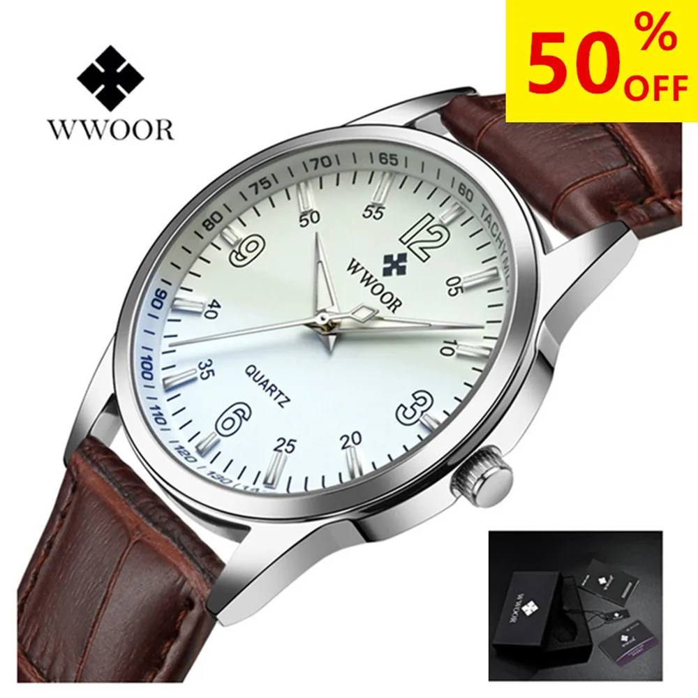 WWOOR Blue Glass Watch Men Casual Leather Watch Analog Sport wristwatch