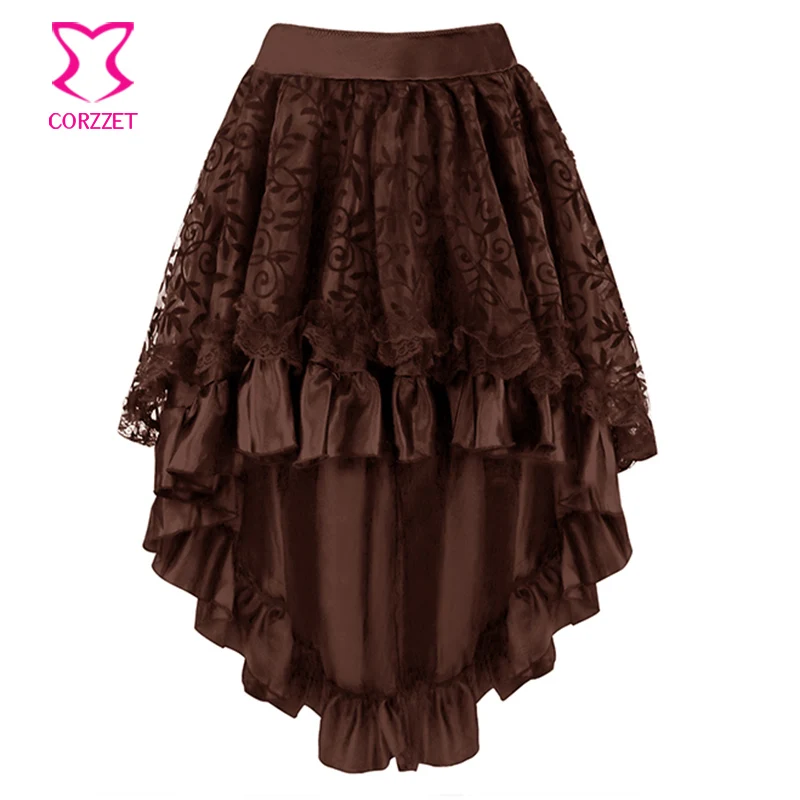 Стимпанк готический черный цветочный Флокирование тюль и гофрированная викторианская юбка для женщин спереди короткая сзади Длинные асимметричные юбки для женщин s - Цвет: Brown