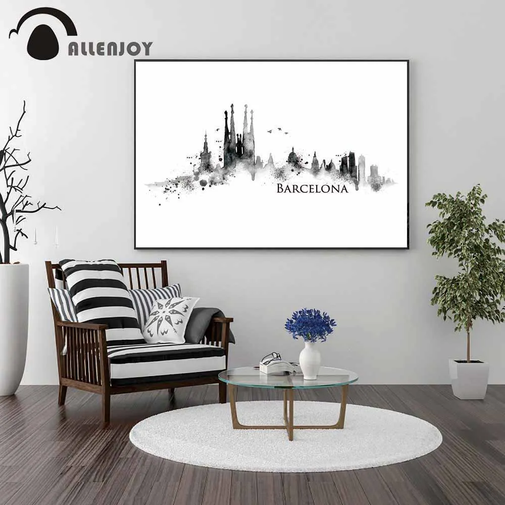 

Allenjoy Barcelona Shape Posters Spain Graffiti Black White Watercolor Canvas Paints for Living Room Abstract Cities View Murals