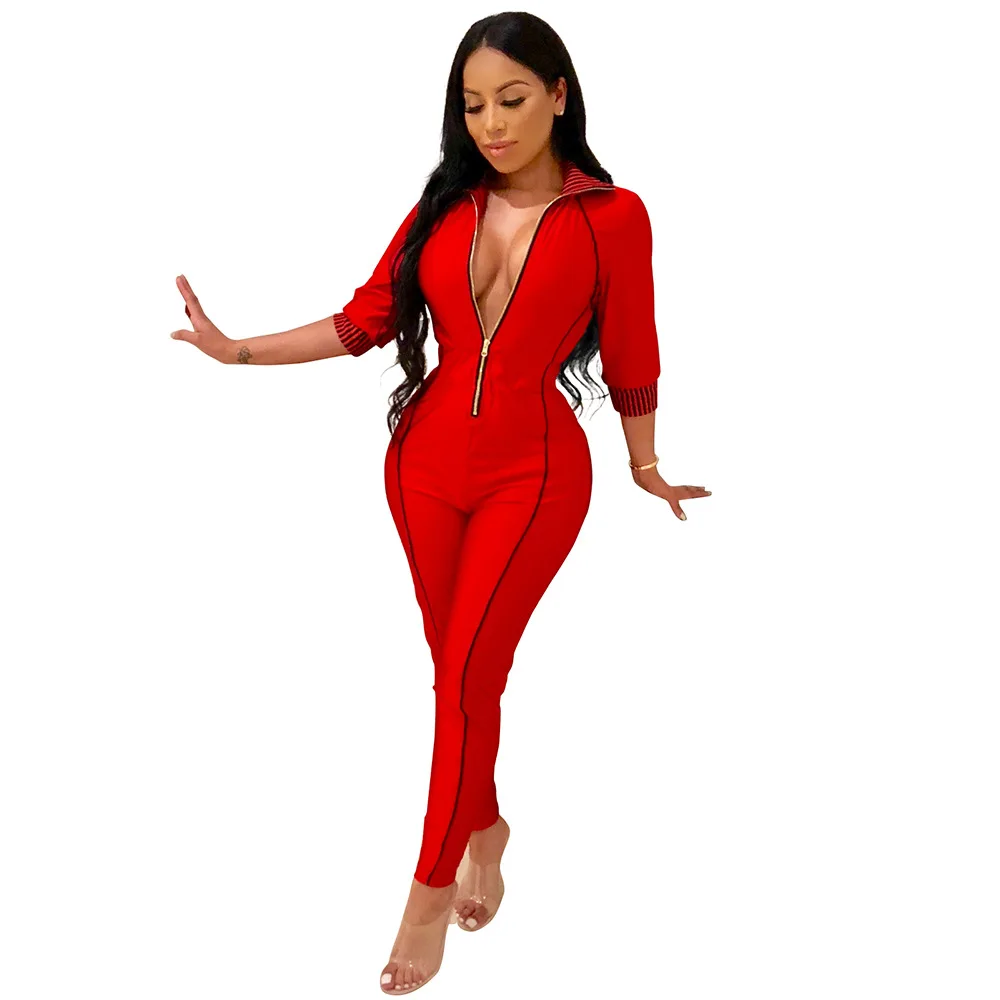

Red Women's Sexy Slim Skinny Jumpsuits Long Sleeve Streetwear Woman Casual Fashion Pants Trousers Spring Autumn Female Clothes