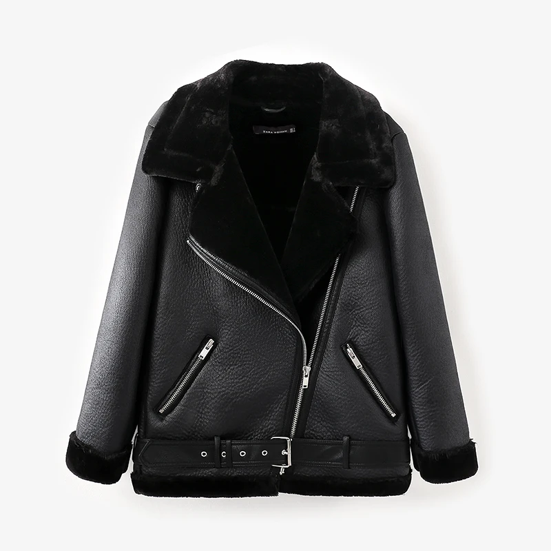 

Women Winter Faux Sheepskin Shearling Coats Women Vintage Motorcycle Thicken Jacket Warm Artificial Fur Black Red Coats UV3081