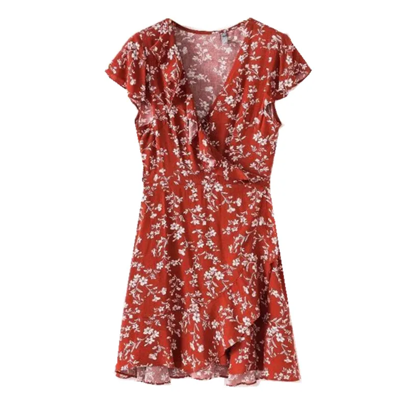 

Holiday Ruffles Cross V neck Floral print Wrap Dress Bohemian Woman Lacing up Waist Asymmetry Short Sleeve Slim Fit Dresses