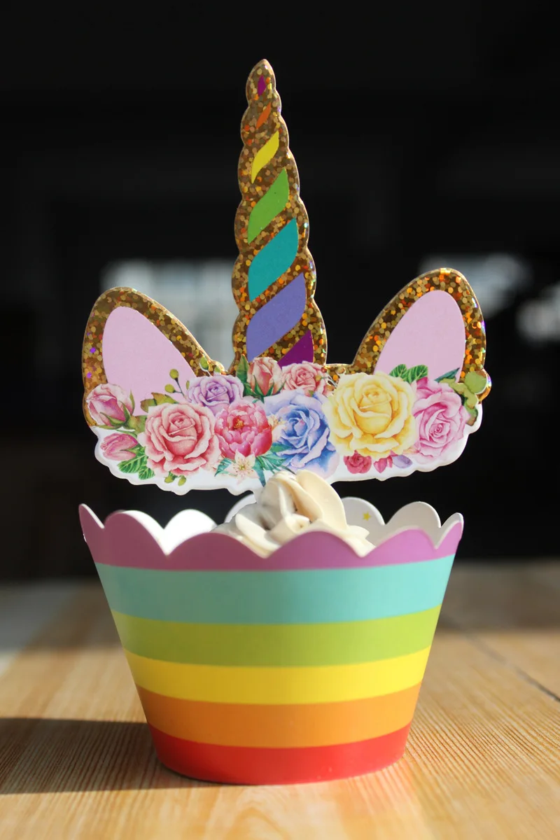 Unicorn Cupcake Toppers Wrappers Party Kids Birthday Cake Decor 24pcs 12 Sets