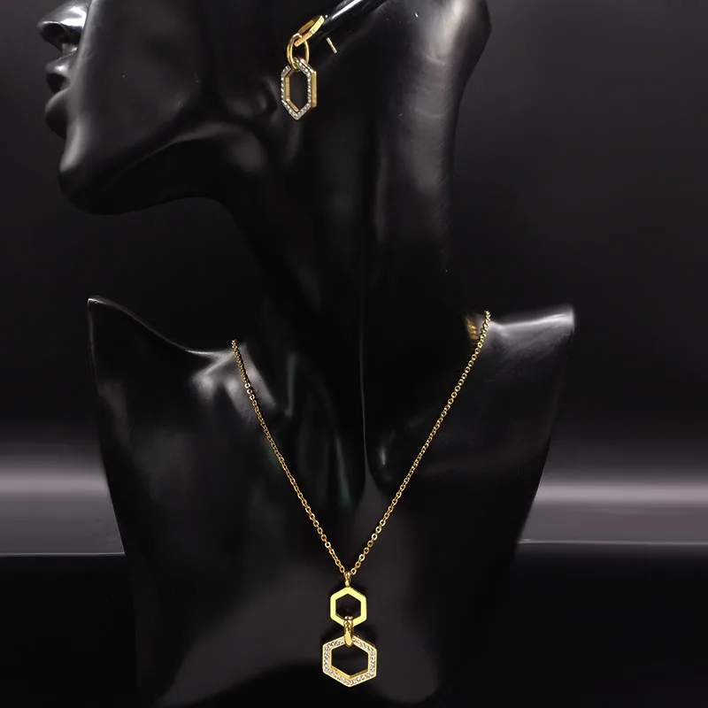 La geometría de acero inoxidable pendientes collar conjunto de joyas de cristal de mujeres de Color oro conjunto de joyas juego de joyeria de acero S178440 La geometría de acero inoxidable pendientes collar conjunto de joyas de cristal de mujeres de Color oro conjunto de joyas juego de joyeria de acero S178440
