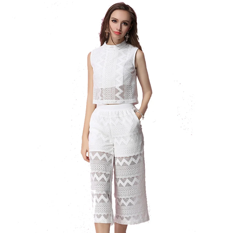 2018 Europe new Spring Summer lace Pant Suit 2 Piece Set fashion Women