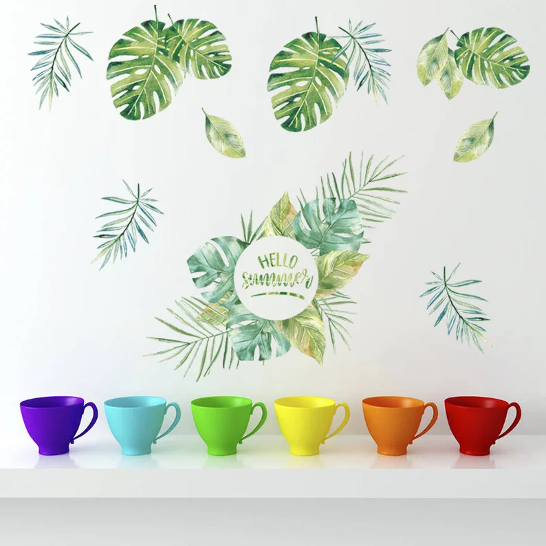 

% Hello Summer Leaf Wall Stickers For Living Room Dinner Room Decor PVC Home Mural DIY Plants Wall Decoration Accessories Decals