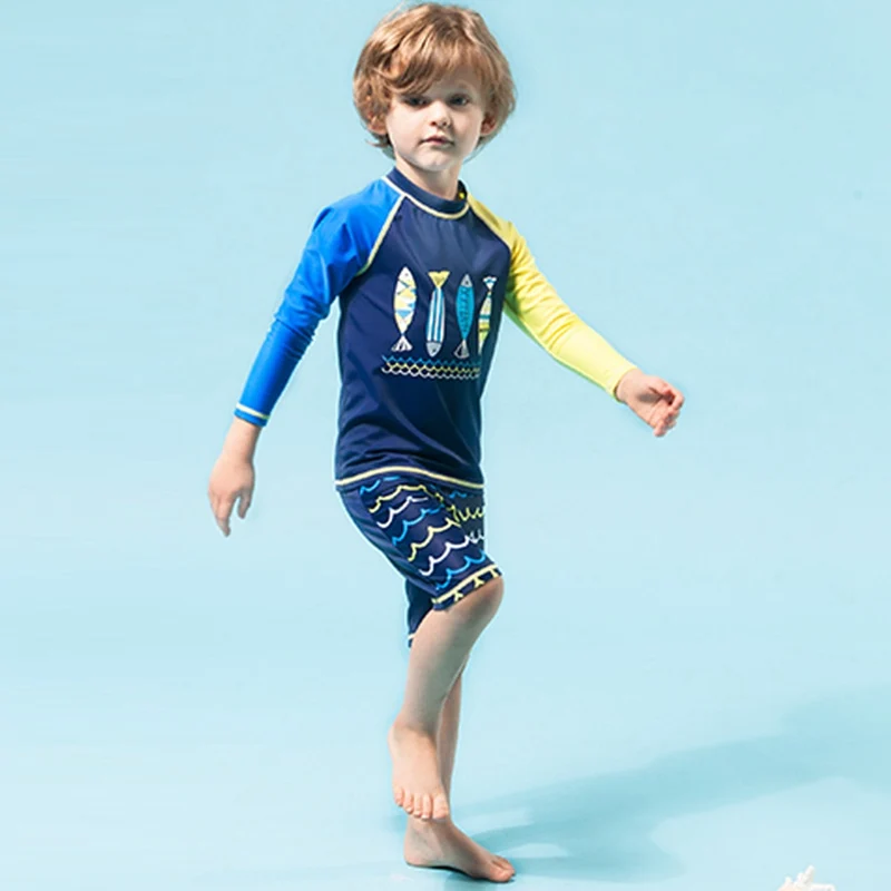 

4-12 Years Children Swimsuit 2-Piece Toddler Boy Swimwear Rash Guards Beachwear Bathing Suits Fish Printed Surfing Swimming Suit