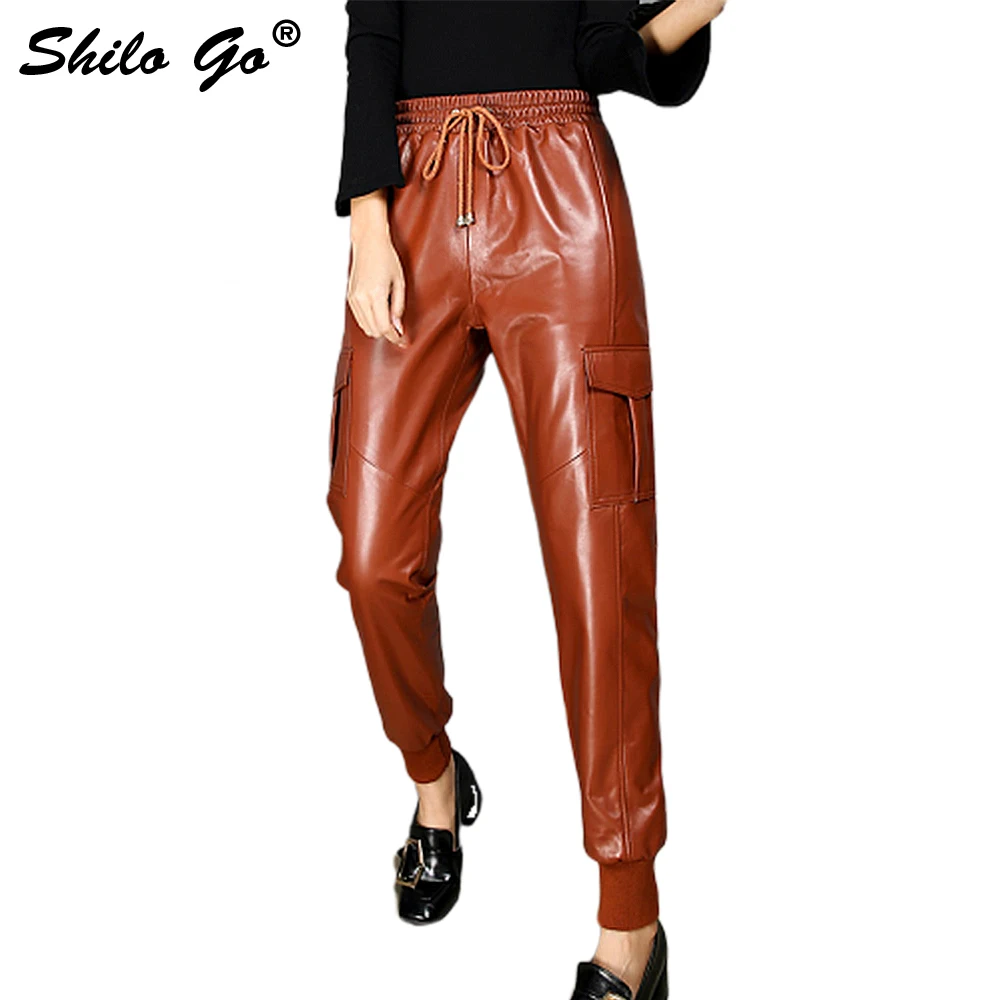 SHILO GAAN Leren Broek Womens Herfst Mode schapenvacht lederen Broek stretch verstelbare hoge taille losse harembroek SHILO GAAN Leren Broek Womens Herfst Mode schapenvacht lederen Broek stretch verstelbare hoge taille losse harembroek