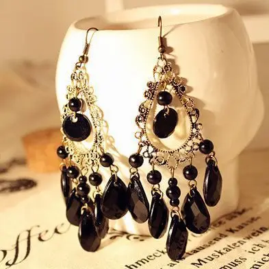 

CCE187 Vintage National Drop Earrings Peacock Feather Shape Stone Long Earrings