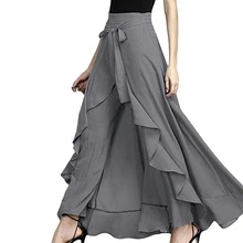 2019 Wrap Skirts Women Casual Fashion Navy Chiffon Tie-Waist Ruffle Wide Leg Loose Pants scallop hem tie waist wide leg pants