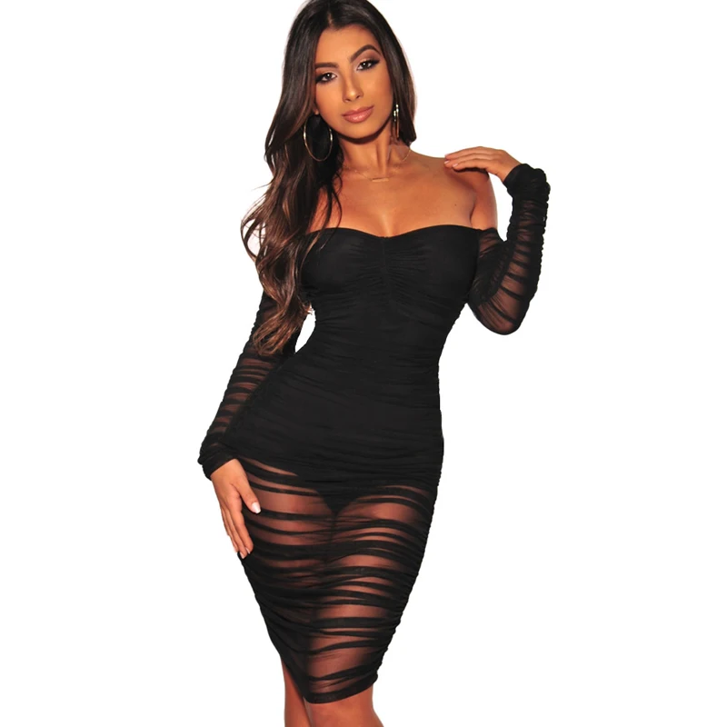 

Summer new best selling mesh dress fashion word shoulder sexy nightclub perspective dress club party wine red black dress