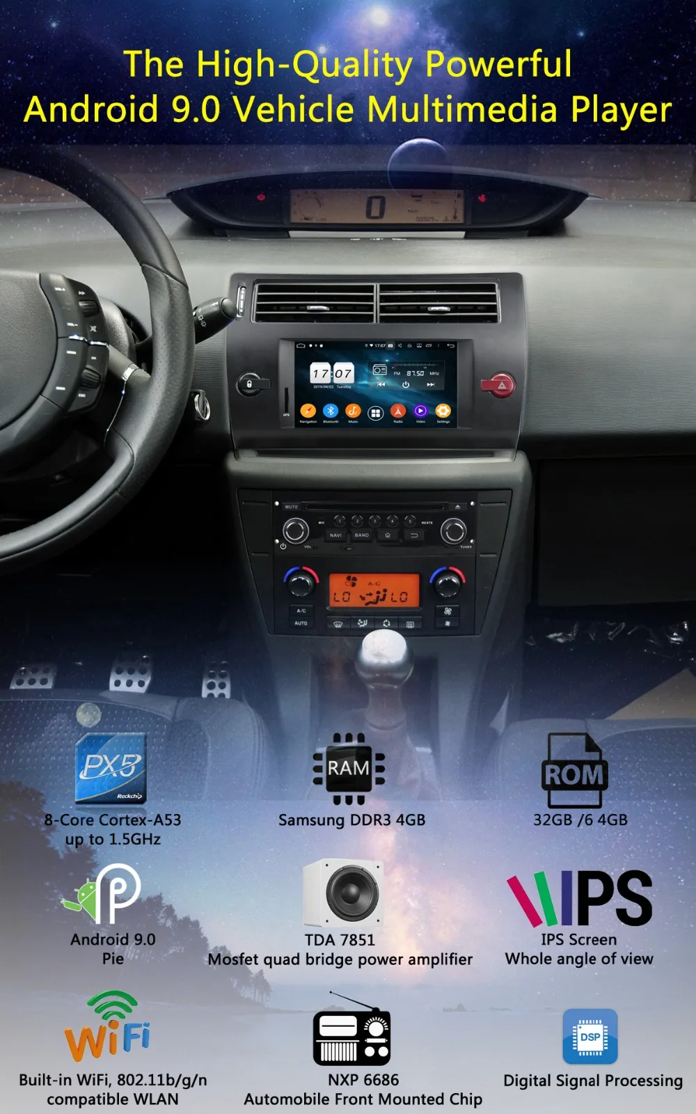 " ips 8Core 4G+ 64G Android 9,0 Автомобильный DVD Радио gps для Citroen C4 Quatre Триумф 2004 2005 2006 2007 2008 2009-2012 DSP CarPlay